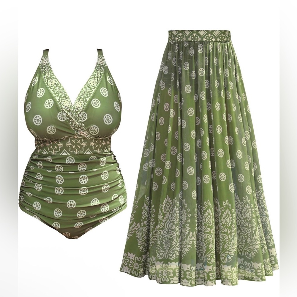 🆕Plus Size One Piece Swimsuit Tummy Control Bathing Suit Mesh Swim Skirt
